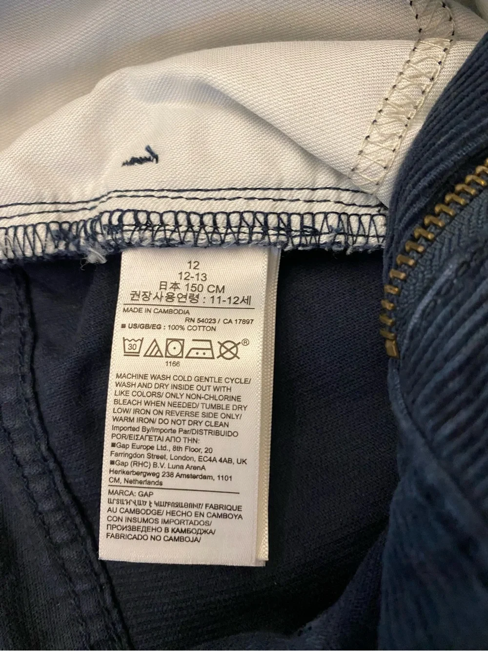 GAP Kids Boys Dark Navy 90s Original Straight Corduroy Pants - size 12/13